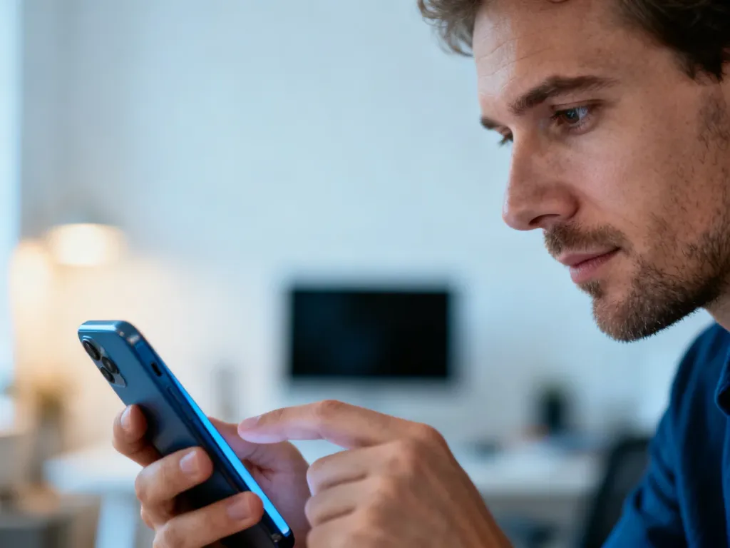 Mężczyzna skupiony na ekranie smartfona, korzystający z usług online w nowoczesnym domowym biurze.