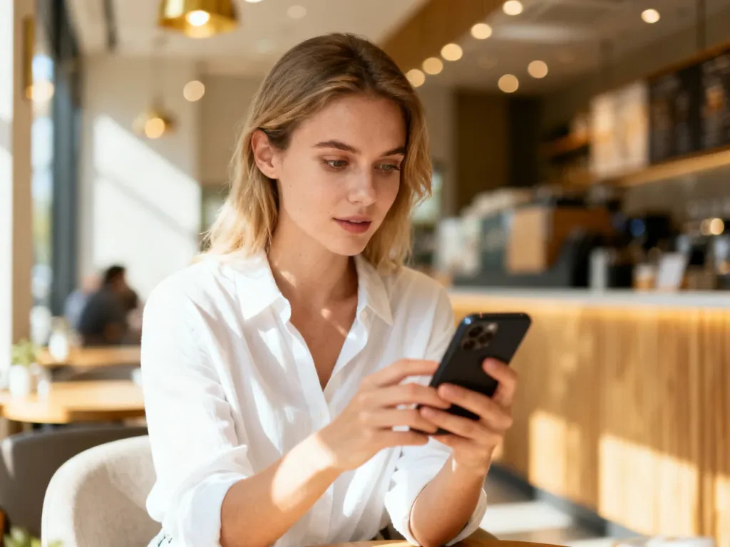 Kobieta w kawiarni skupiona na ekranie smartfona, korzystająca z aplikacji mobilnej.