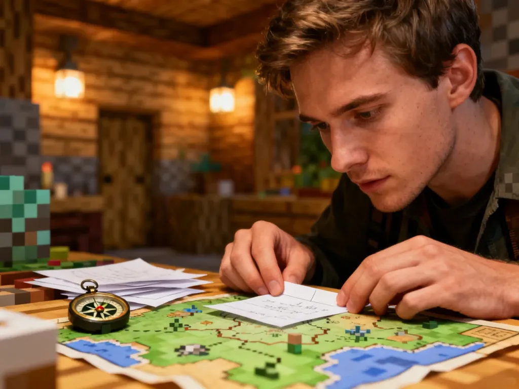 Mężczyzna przy stole rzemieślniczym układa papier i kompas, tworząc mapę w klimacie gry Minecraft.