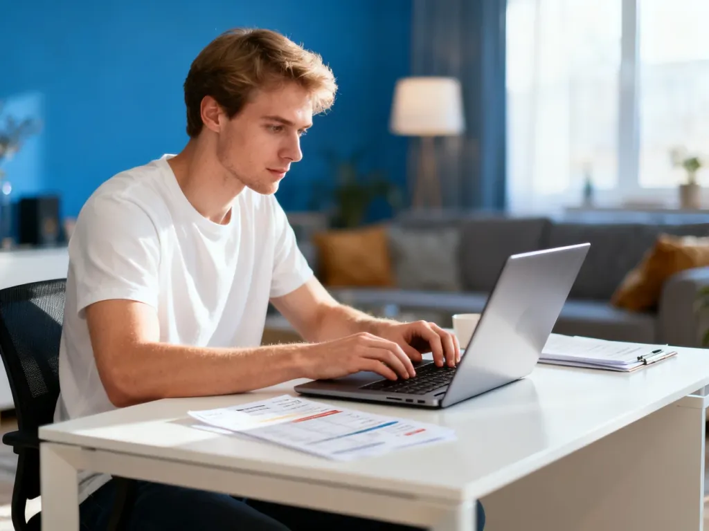 Młody mężczyzna korzystający z laptopa przy biurku w przytulnym wnętrzu, zarządzający domowymi rachunkami online.