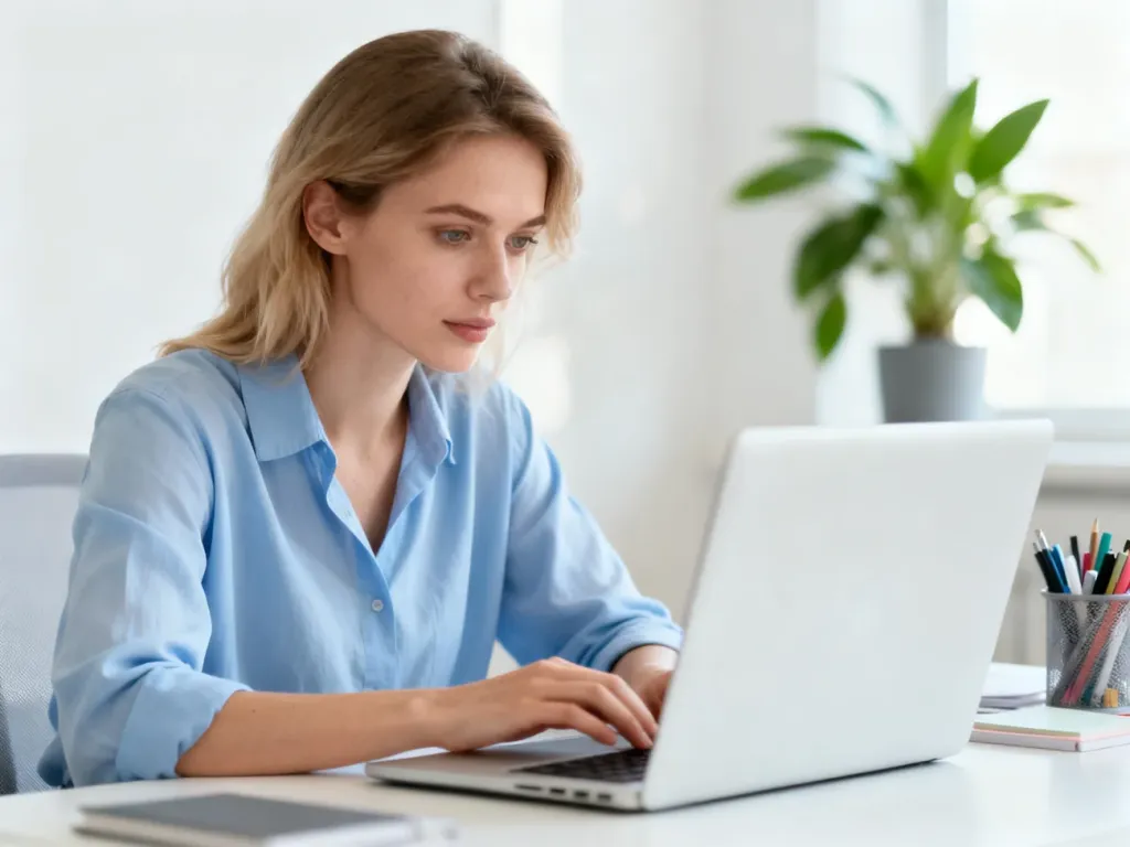 Kobieta pracująca przy laptopie w jasnym, minimalistycznym biurze domowym.