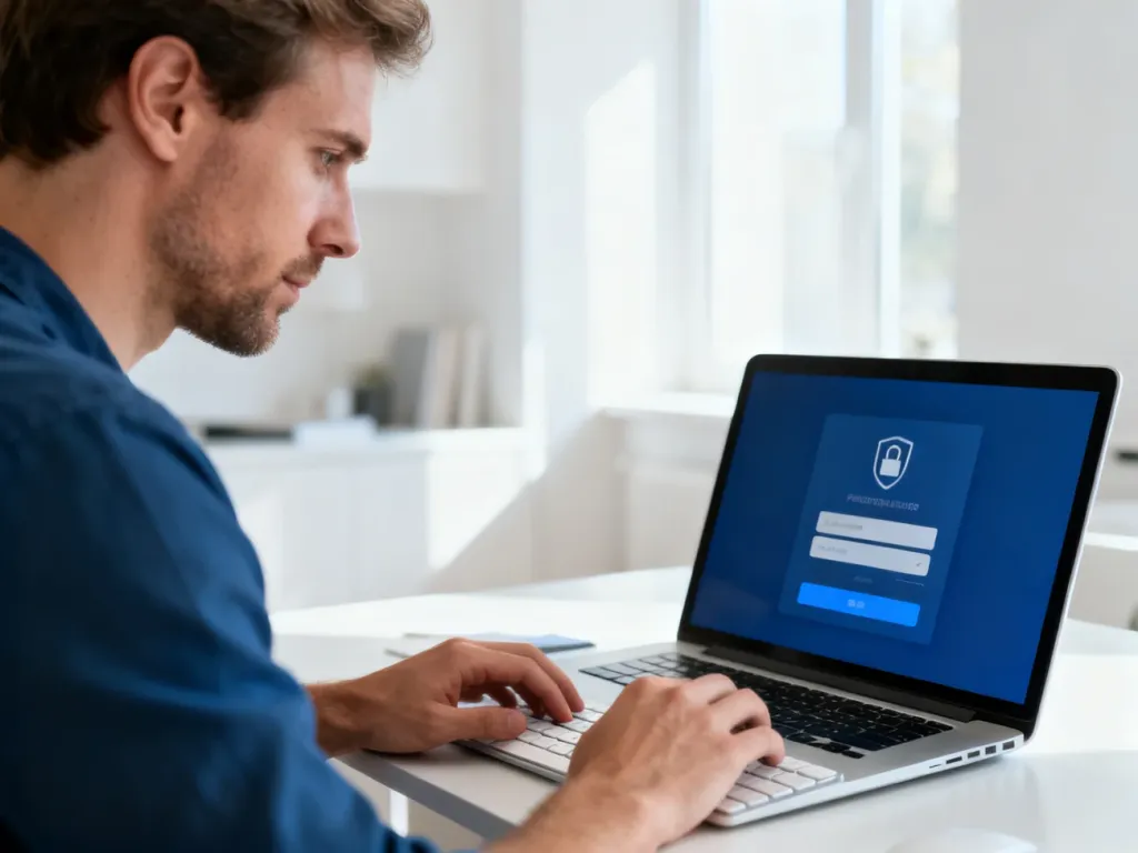 Mężczyzna pracujący przy laptopie z widocznym interfejsem logowania w jasnym, nowoczesnym biurze.