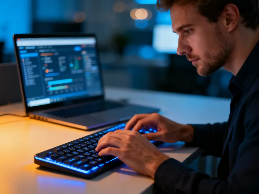Mężczyzna pracujący przy laptopie w nowoczesnym biurze, skupiony na obsłudze systemu informatycznego.