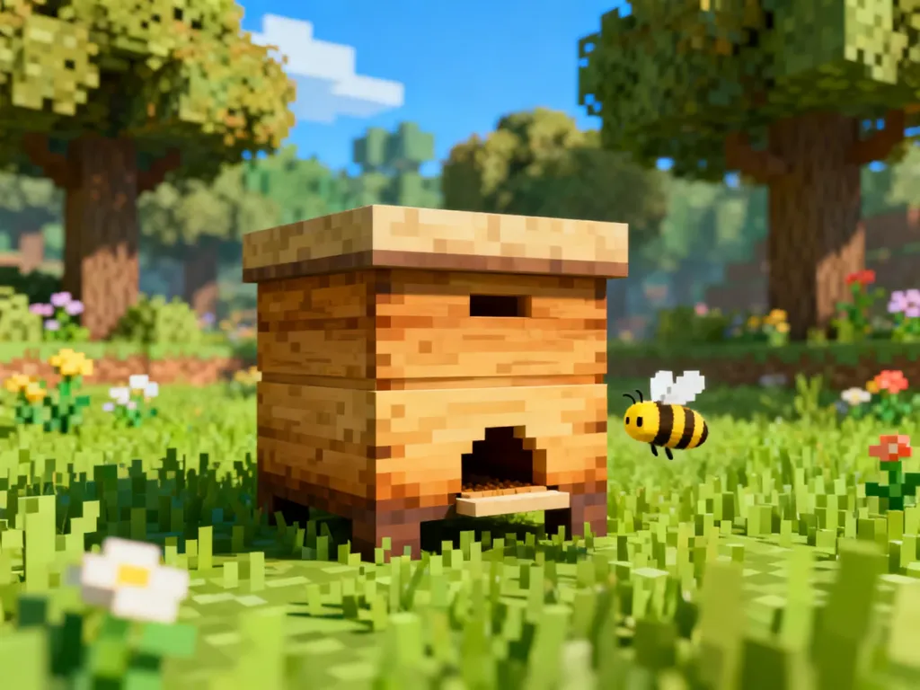 Drewniany ul w Minecraft stojący na trawie z pszczołą w pobliżu, na tle rozmytego lasu i kwiatów.