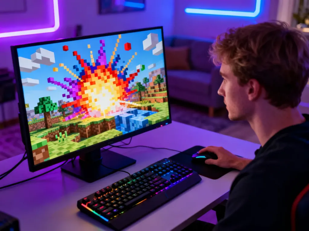 Gracz w skupieniu obserwuje na monitorze wybuchy fajerwerków w świecie gry Minecraft w przytulnym, oświetlonym pokoju.