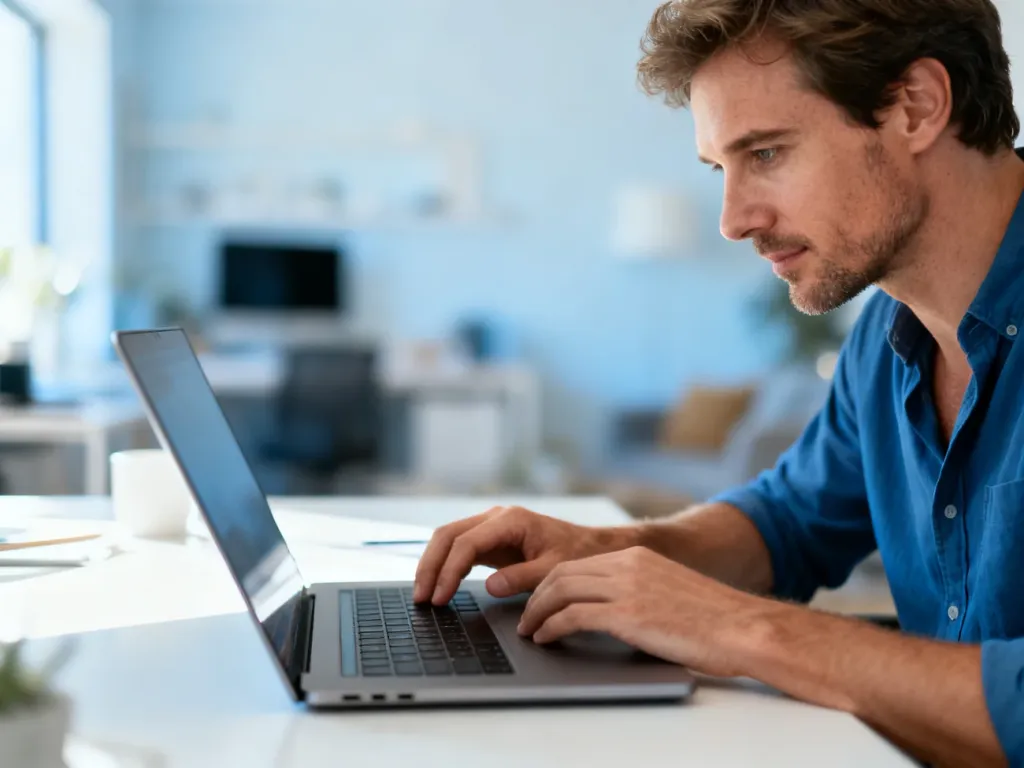 Mężczyzna skupiony na pracy przy laptopie w nowoczesnym domowym biurze, korzystający z panelu klienta online.